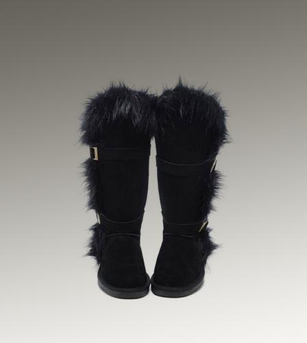 Ugg Outlet Fox Fur Tall Black Boots 015238